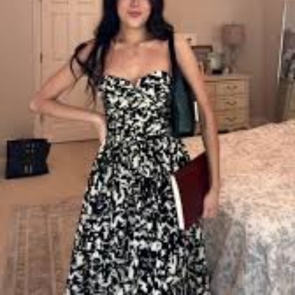 H&M print bandeau dress strapless black/ecru